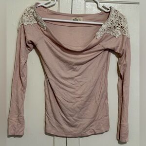 Hollister Pink Lace Shoulder Long Sleeve Top